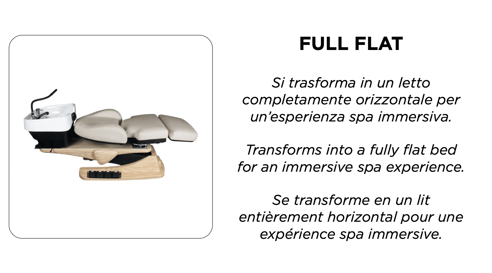 3 in 1 - Head spa, massage, coiffure

IYASHI herinterpreteert het concept van de Head Spa en maakt van elk haarverzorgingsritueel een moment van diepe ontspanning, waarin schoonheid en welzijn samenkomen.

Eén enkele stoel, ontworpen om de volledige ervaring te begeleiden: de stoel omarmt de klant tijdens de Head Spa-rituelen
en transformeert zich moeiteloos tot een ruimte voor massage en de creatieve expertise van de hairstylist.

